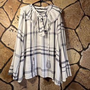 Plaid printed ruffle lace up peasant top tunic flutter sleeves tassel L